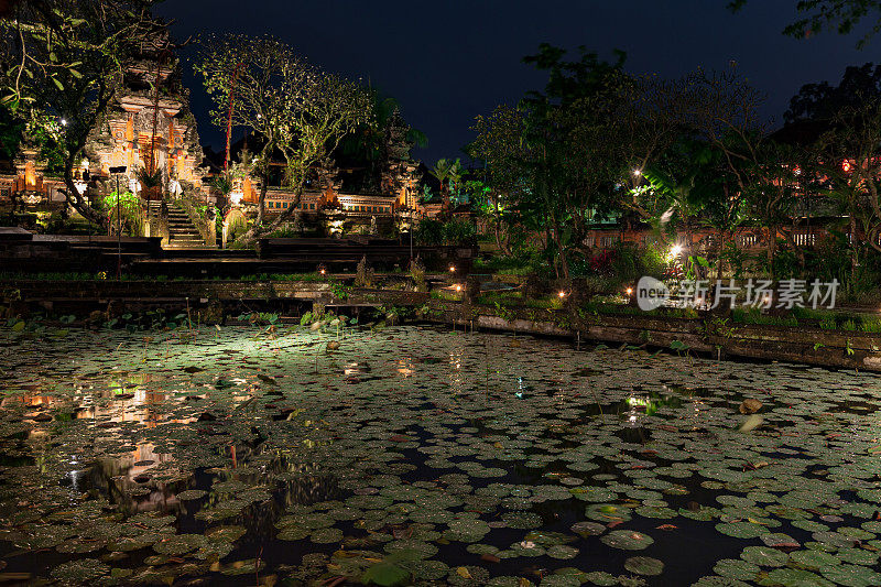巴厘岛印度教寺庙Pura, Taman Saraswati和莲花池夜晚，乌布，印度尼西亚